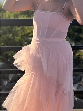 Betsy & Adam Pale Pink Tulle Ruffle Prom Dress